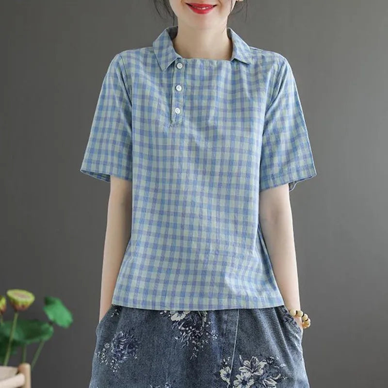 Plaid Summer Casual Turn-Down Collar Blouse Women