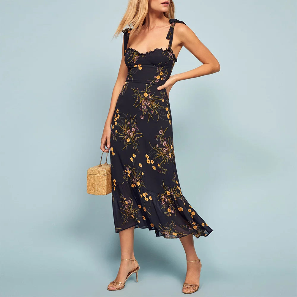 Elegant Vintage Floral Ruffle Hem Summer Dress