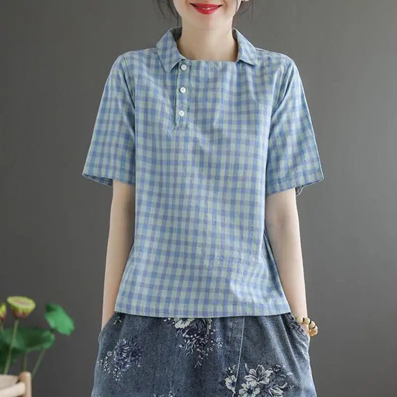 Plaid Summer Casual Turn-Down Collar Blouse Women