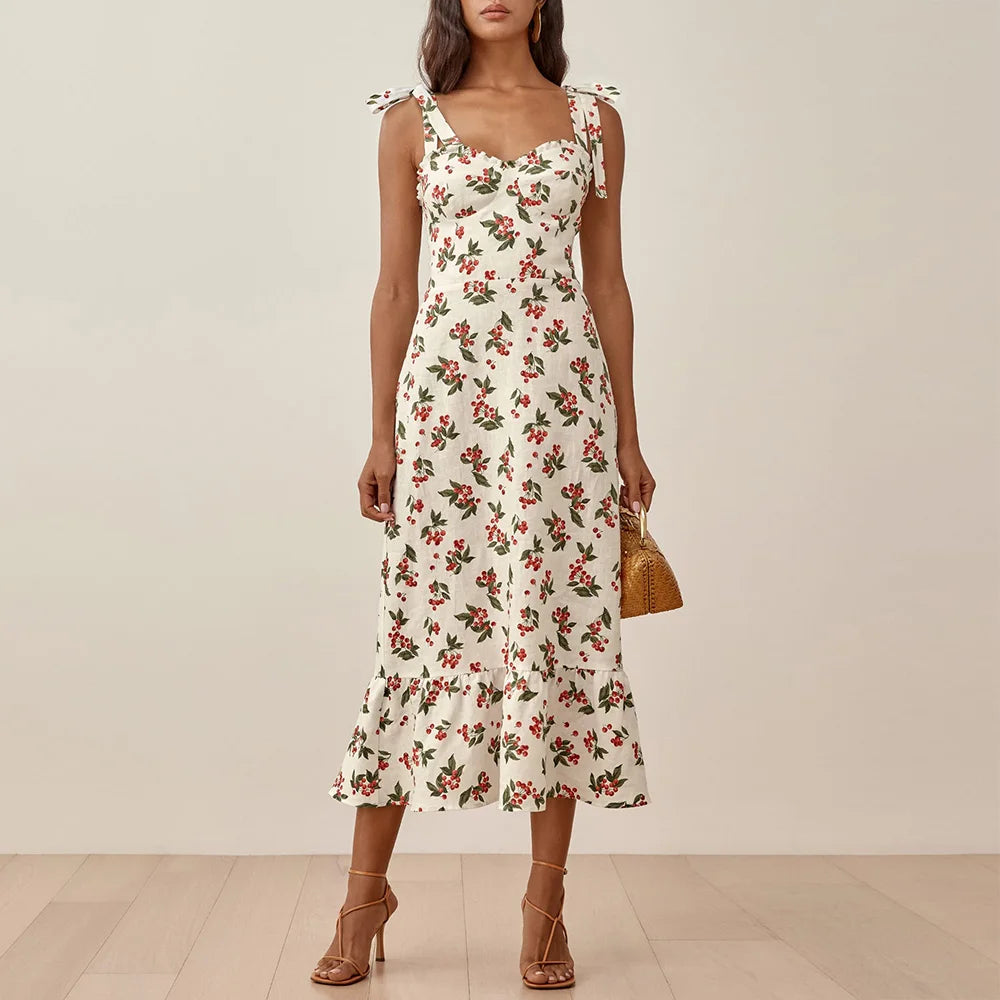 Elegant Vintage Floral Ruffle Hem Summer Dress
