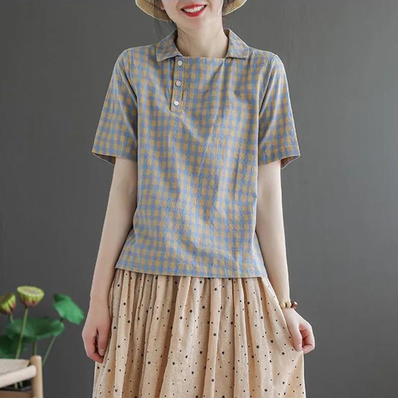 Plaid Summer Casual Turn-Down Collar Blouse Women