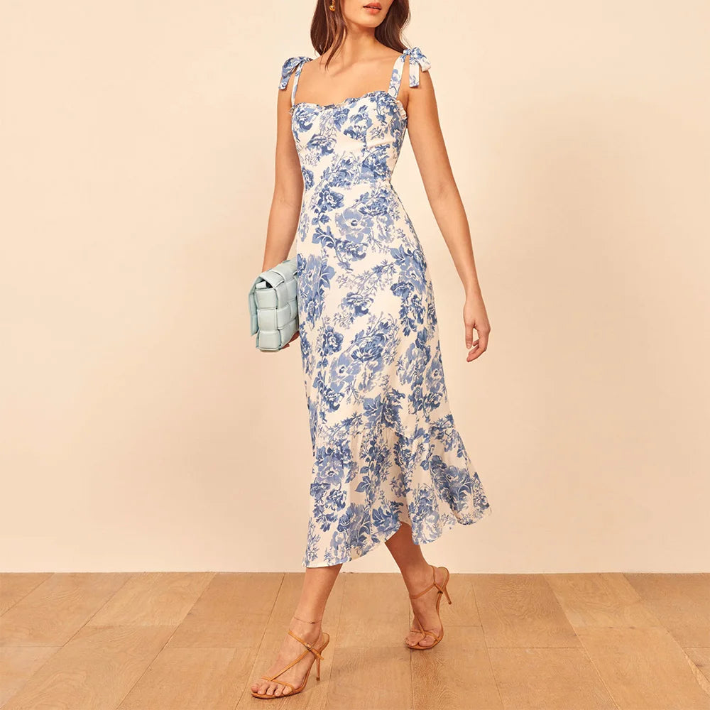 Elegant Vintage Floral Ruffle Hem Summer Dress