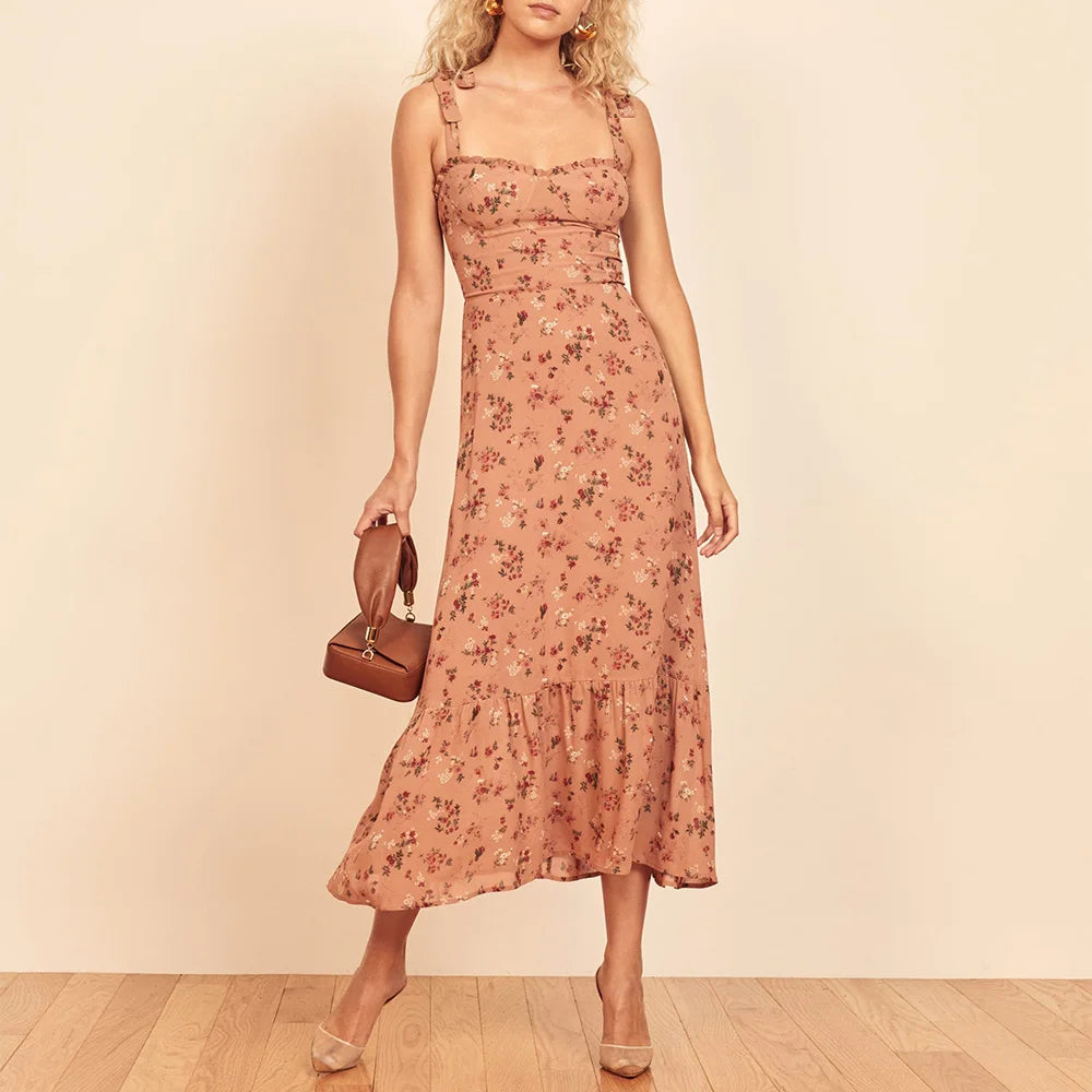Elegant Vintage Floral Ruffle Hem Summer Dress