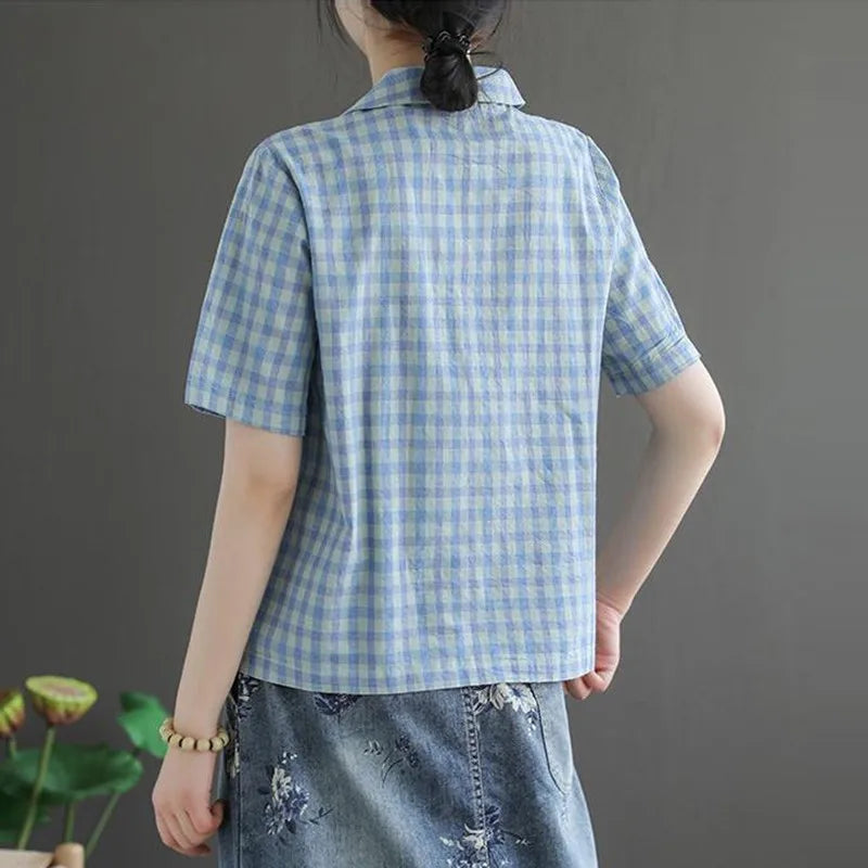 Plaid Summer Casual Turn-Down Collar Blouse Women