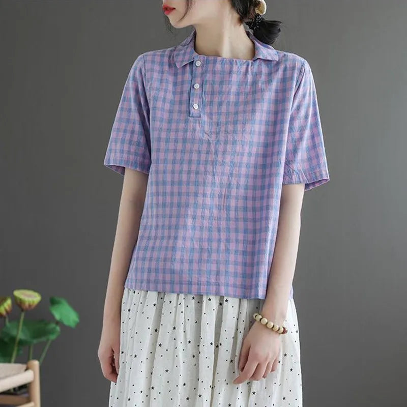 Plaid Summer Casual Turn-Down Collar Blouse Women