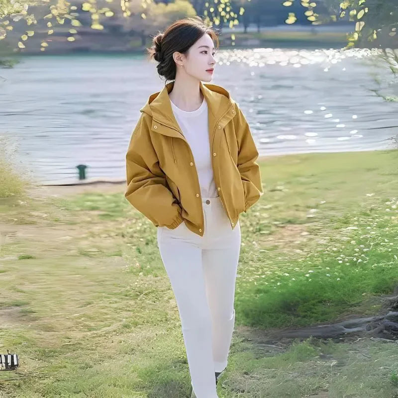 Khaki Casual Hooded Short Jacket Women