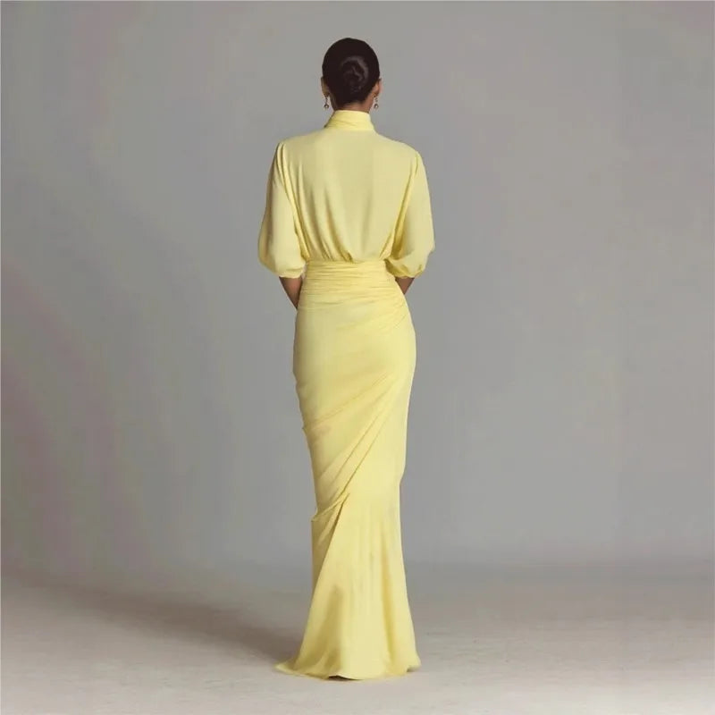 Yellow Backless Half Sleeve Maxi Dress Women