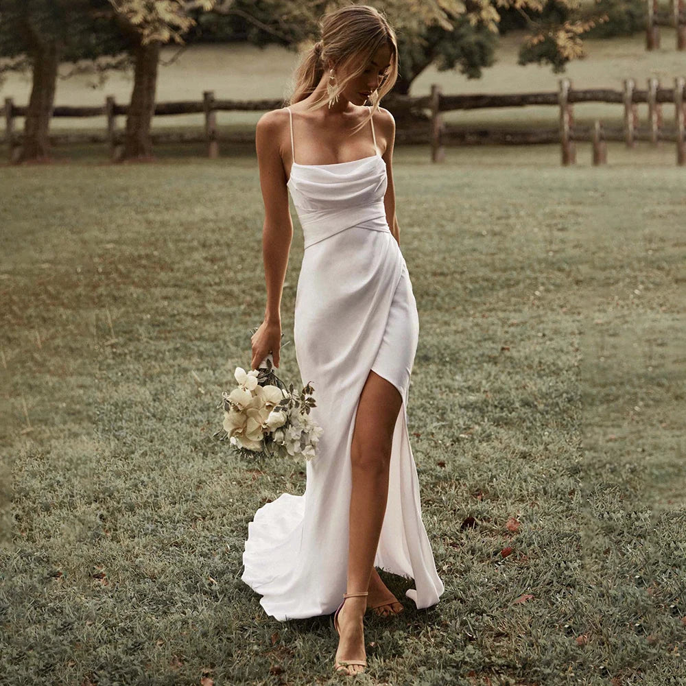 Simple White Mermaid Spaghetti Strap Wedding Dress