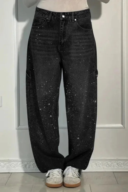 Rhinestone Wide Leg Street Lady Jeans
