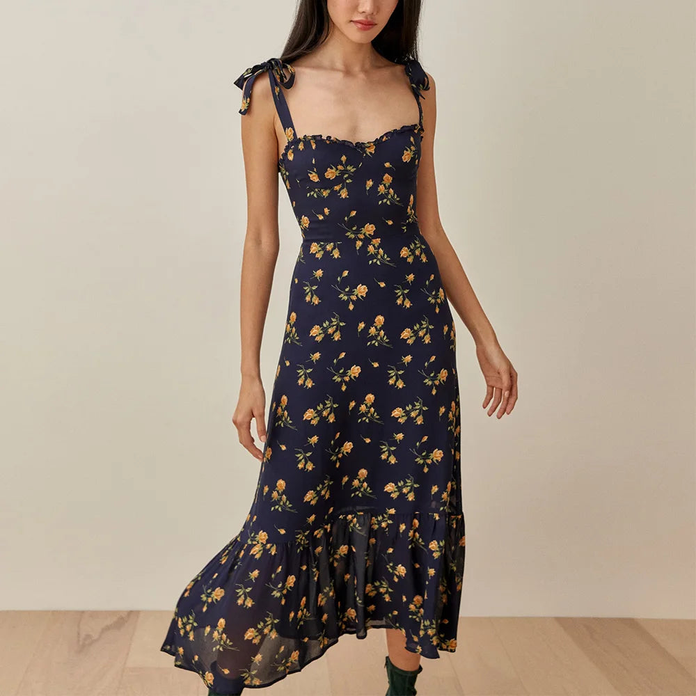 Elegant Vintage Floral Ruffle Hem Summer Dress
