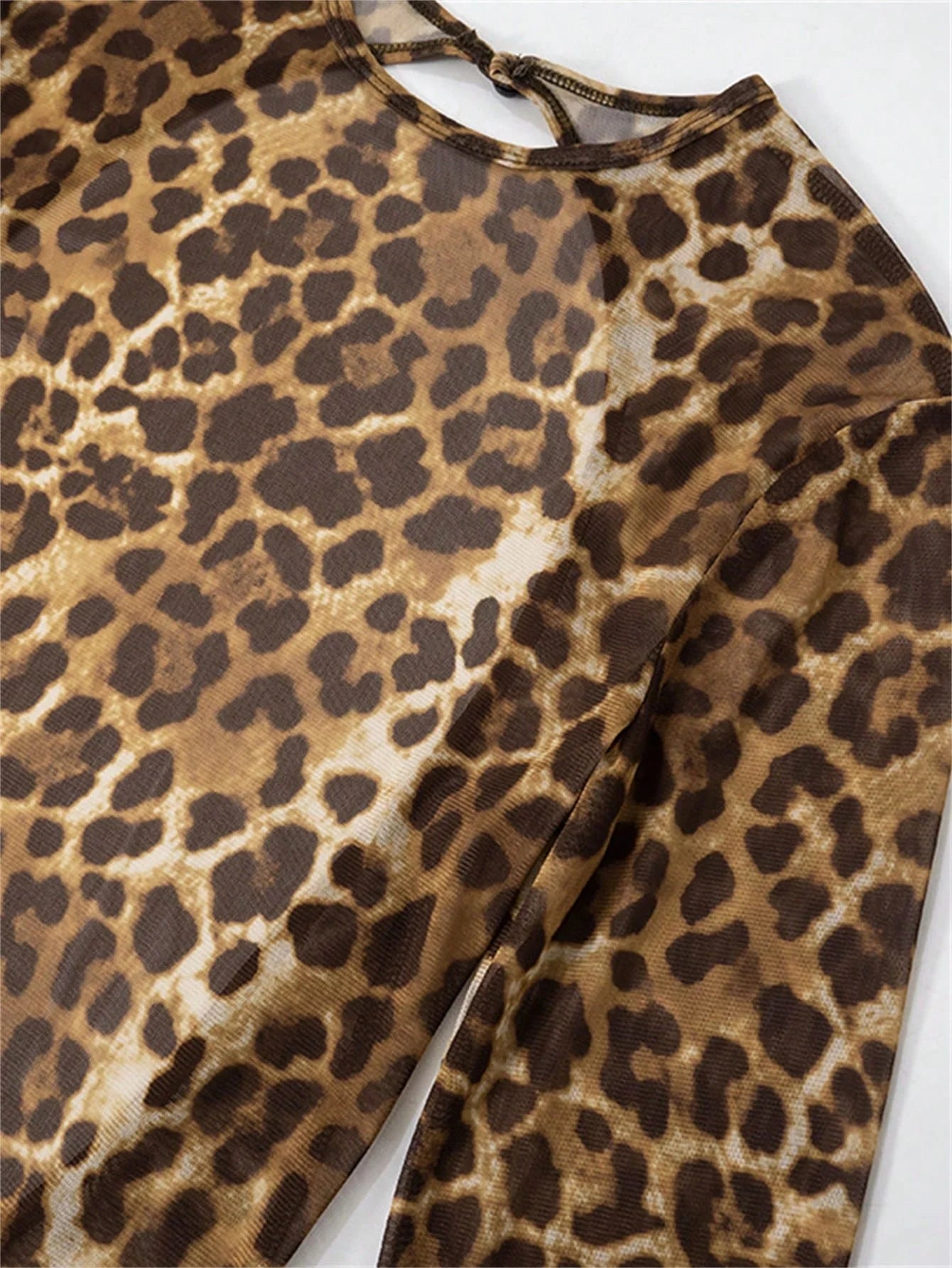 Leopard Mesh Backless Long Sleeve Romper