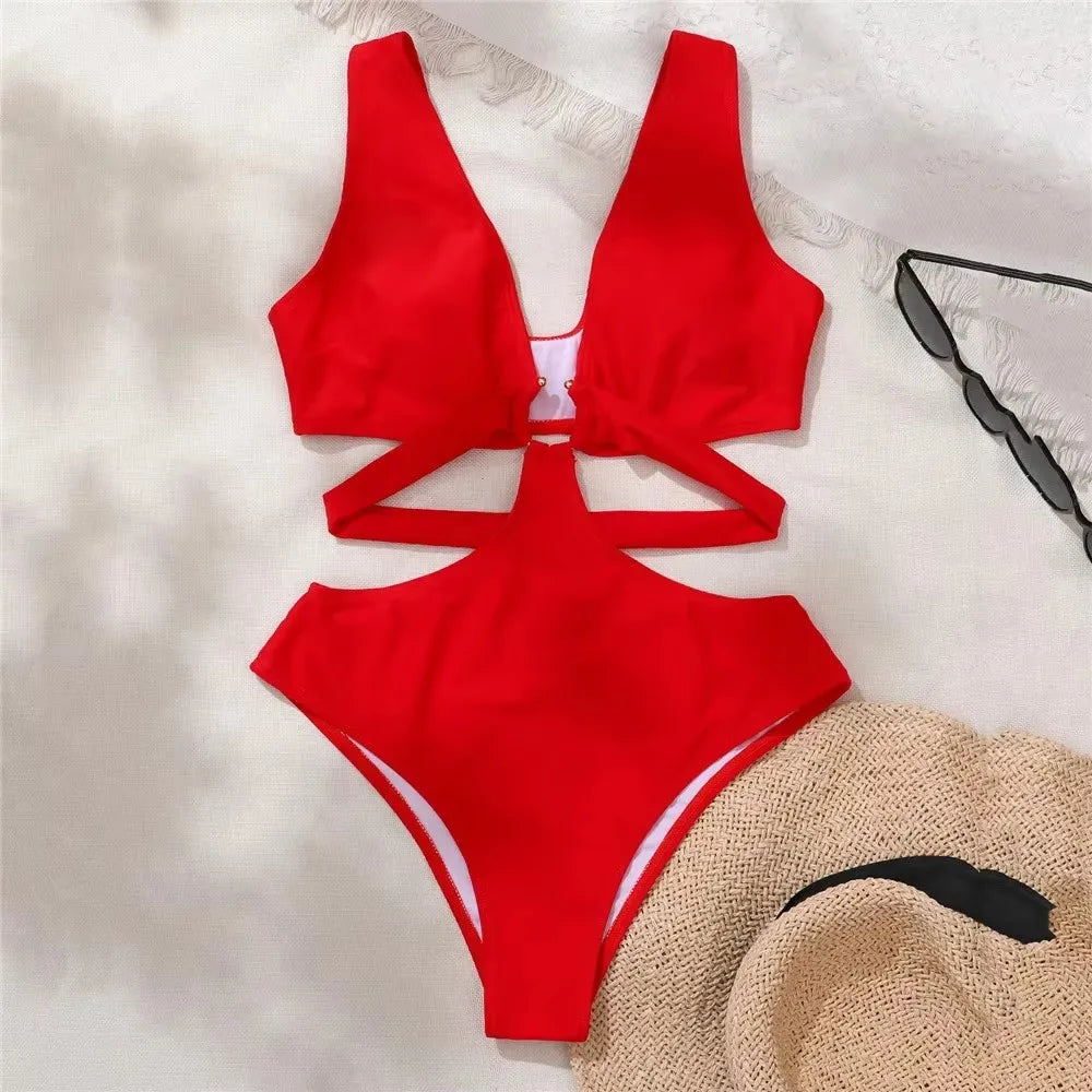 Black Bandage Hollow One Piece Swimsuit