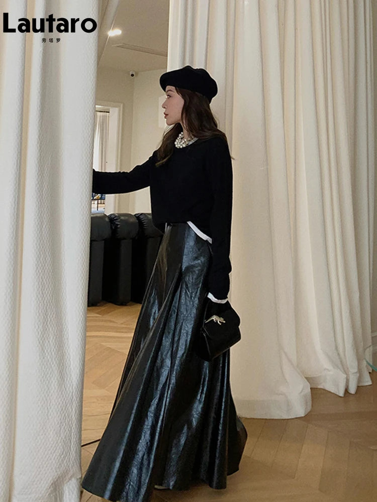 Black Patent PU Maxi Pleated Skirt