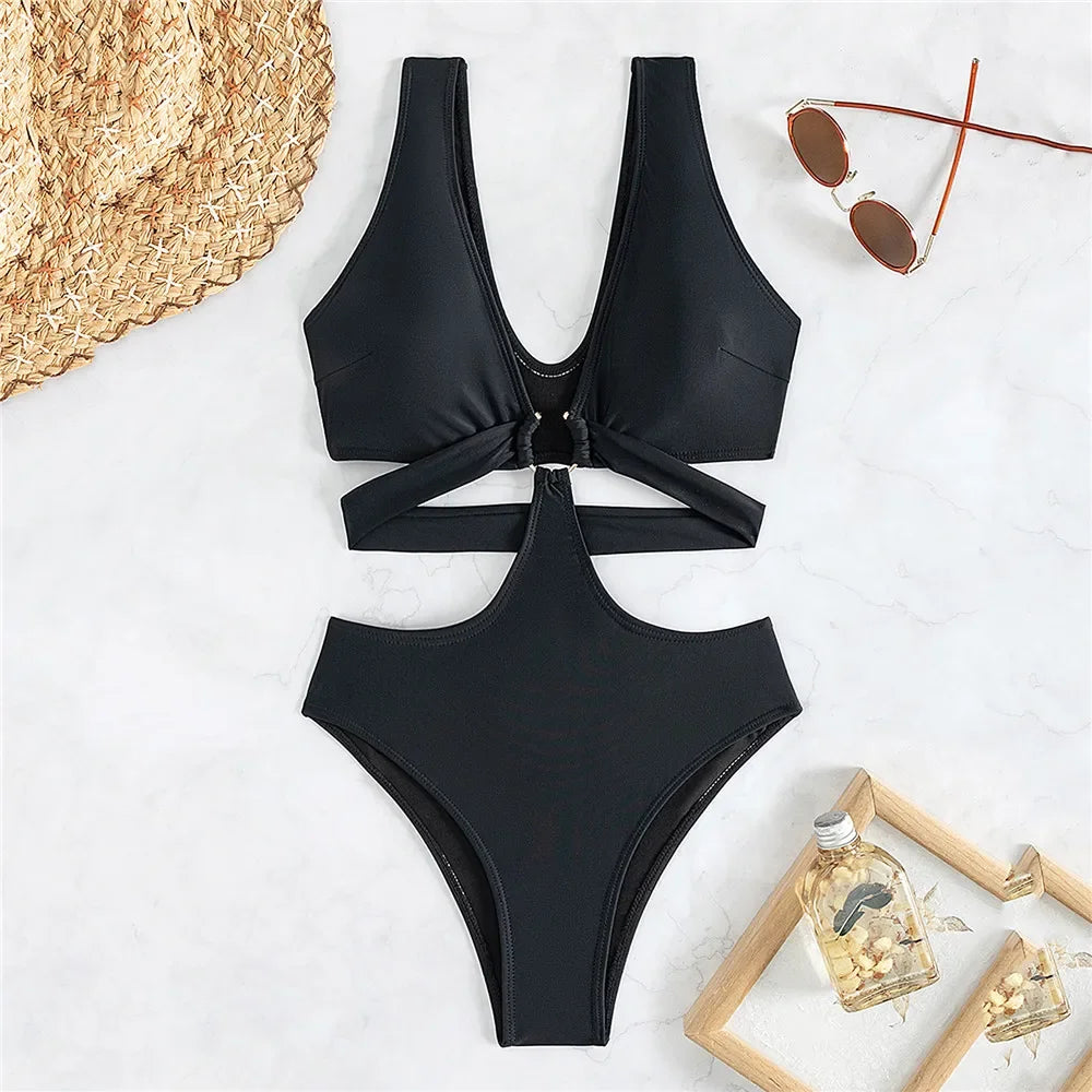 Black Bandage Hollow One Piece Swimsuit