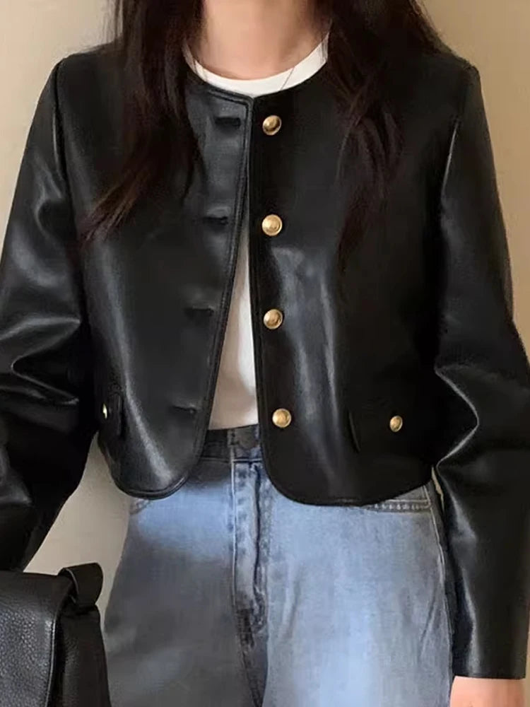 Autumn Vintage Round Neck Leather Jacket