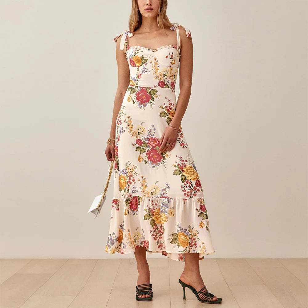 Elegant Vintage Floral Ruffle Hem Summer Dress