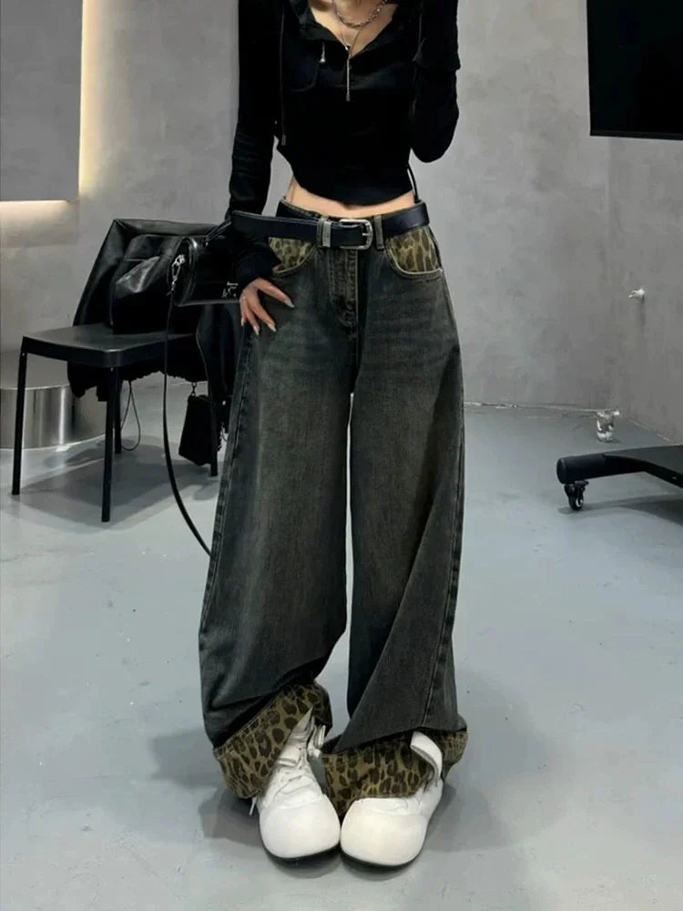 Y2K Leopard Patchwork Baggy Jeans Women