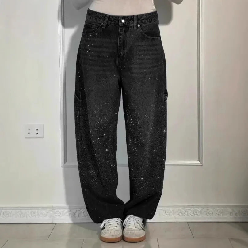 Rhinestone Wide Leg Street Lady Jeans