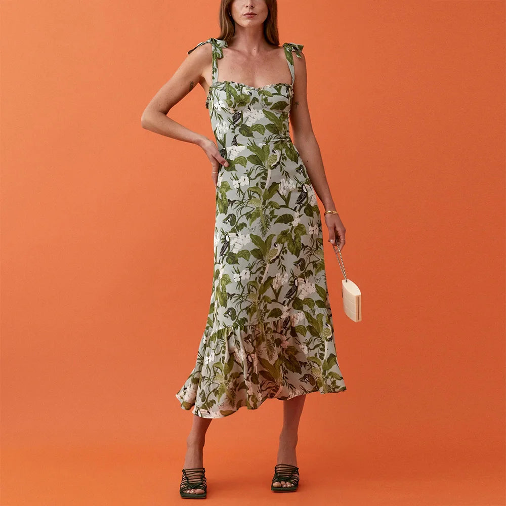 Elegant Vintage Floral Ruffle Hem Summer Dress