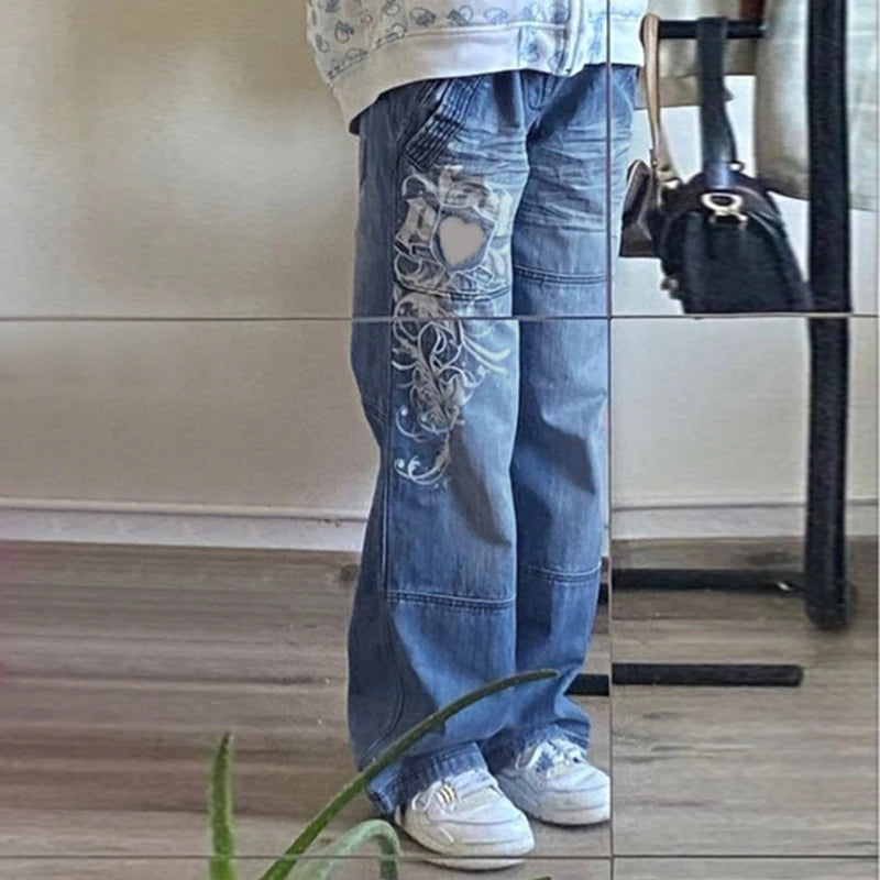 Harajuku Floral Print Baggy Straight Jeans