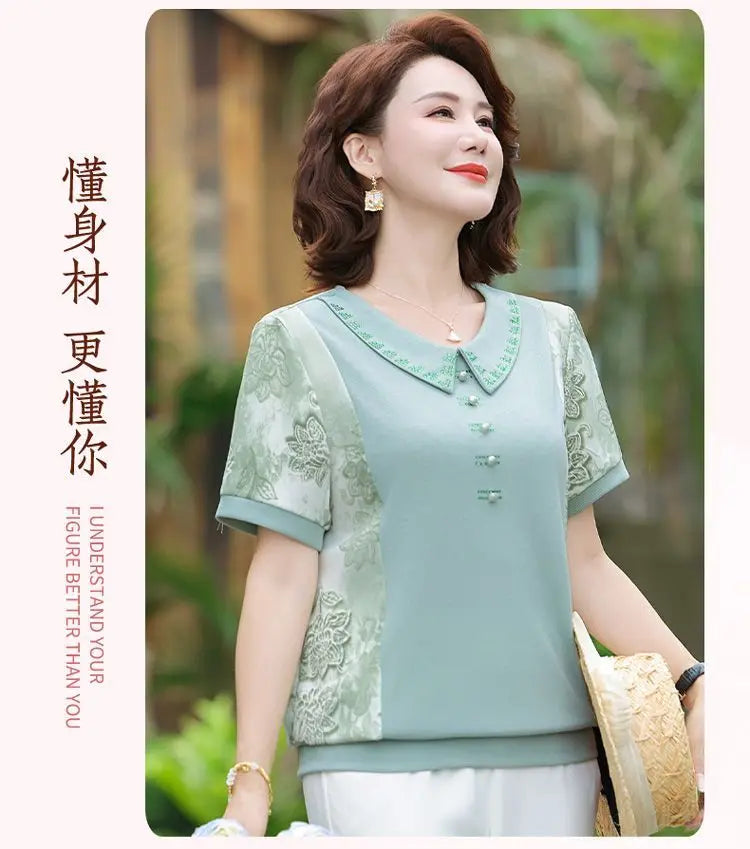 Round Neck Button Printed Casual T-Shirt Women