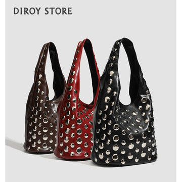 Rivet Detail Luxury Leather Bucket Bag