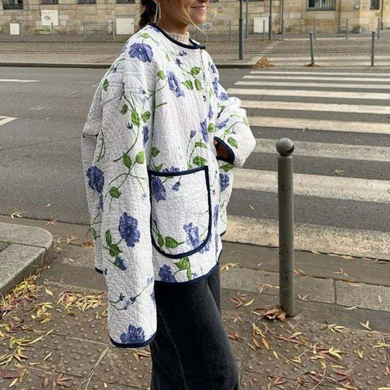 Spring Autumn Floral Print Zip Jacket Women