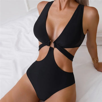 Black Bandage Hollow One Piece Swimsuit