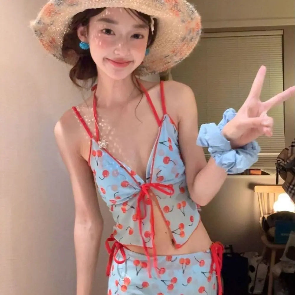 Cherry V-Neck Mesh Lace Bikini Set