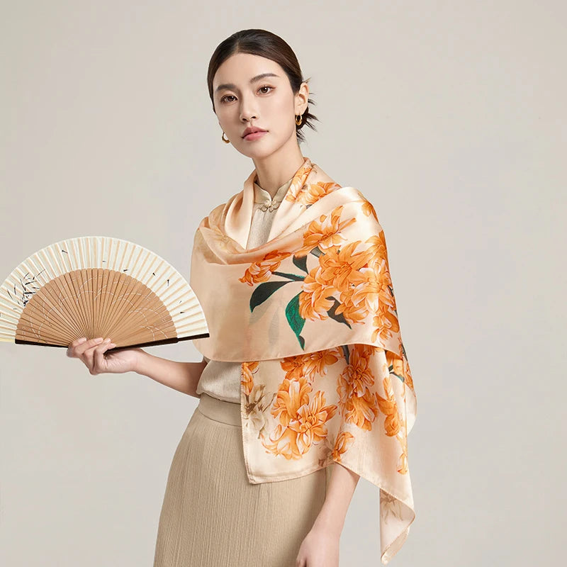 Women’s Long Floral 100% Silk Print Scarf