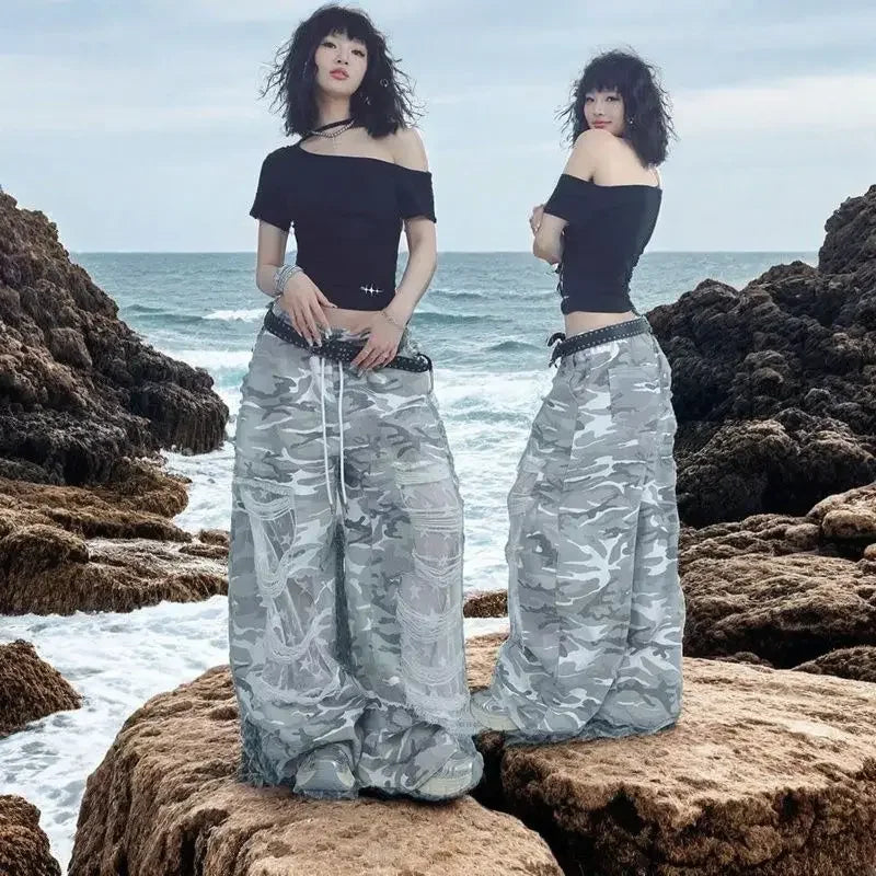 Colorful Lace Patchwork Ripped Wide Leg Jeans