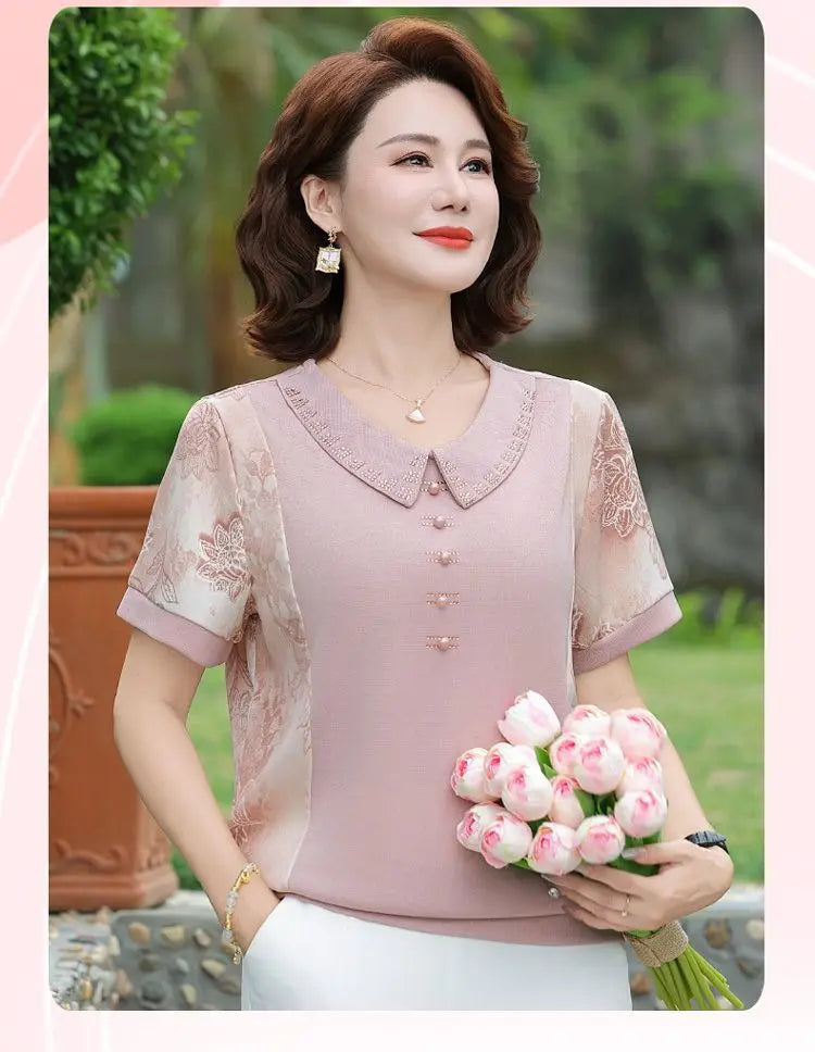 Round Neck Button Printed Casual T-Shirt Women