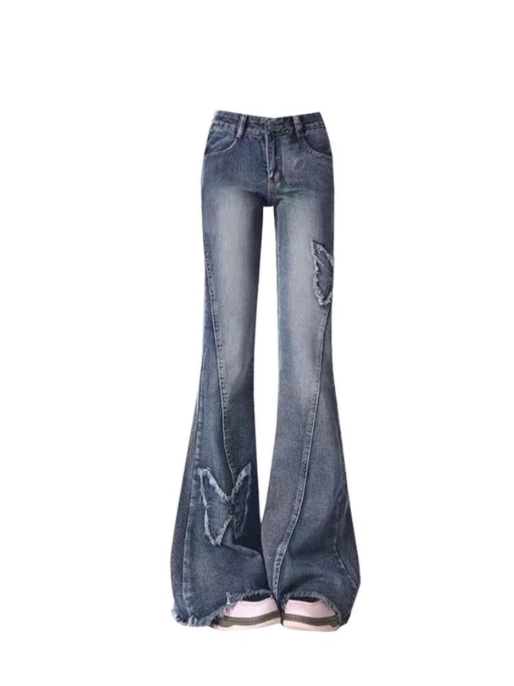 Butterfly Embroidery Blue Flare Jeans