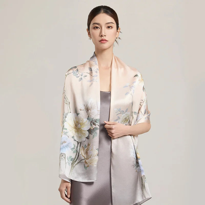 Women’s Long Floral 100% Silk Print Scarf