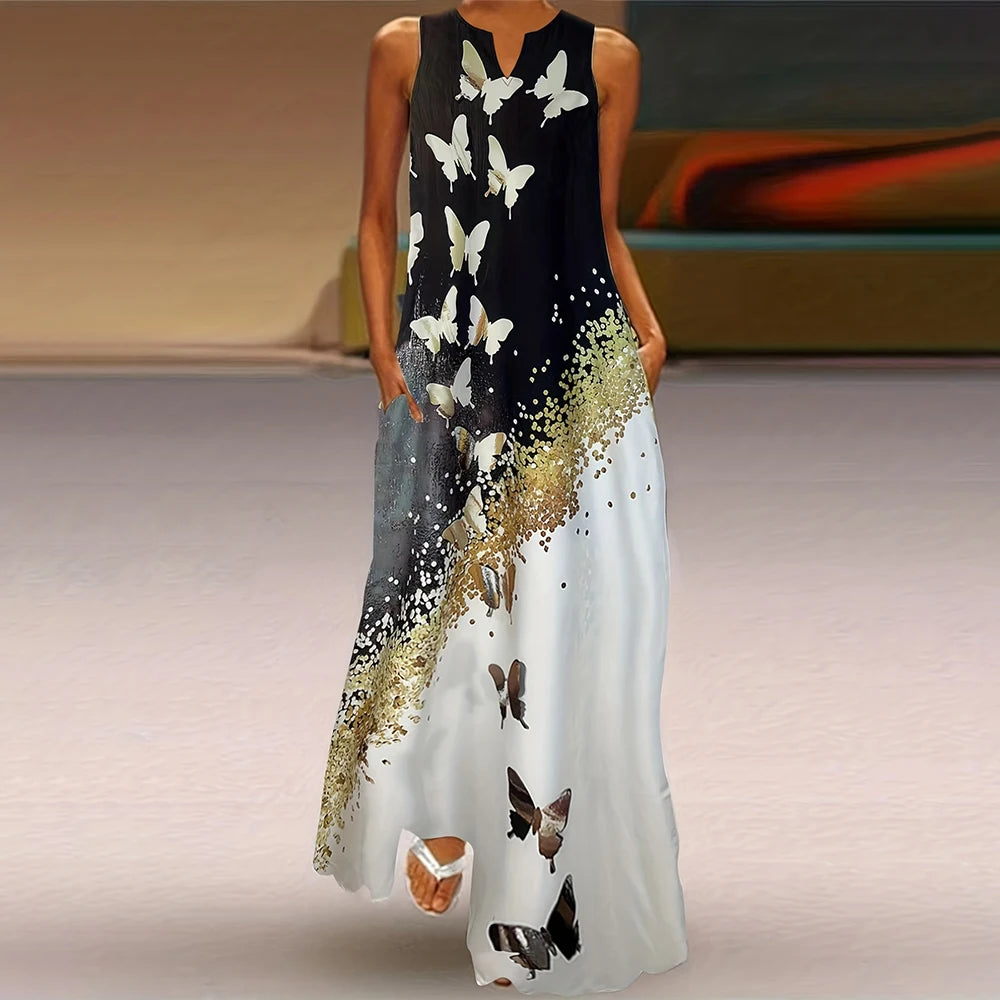 Elegant Butterfly V-Neck Sleeveless Dress