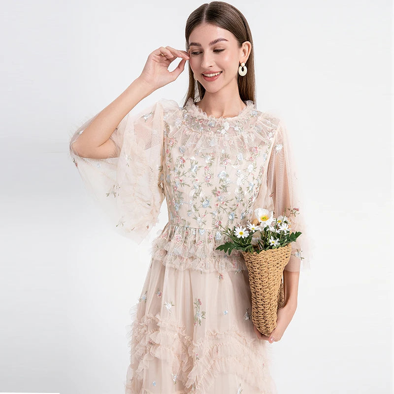 Summer Lace 3D Flower Embroidered Mesh Dress