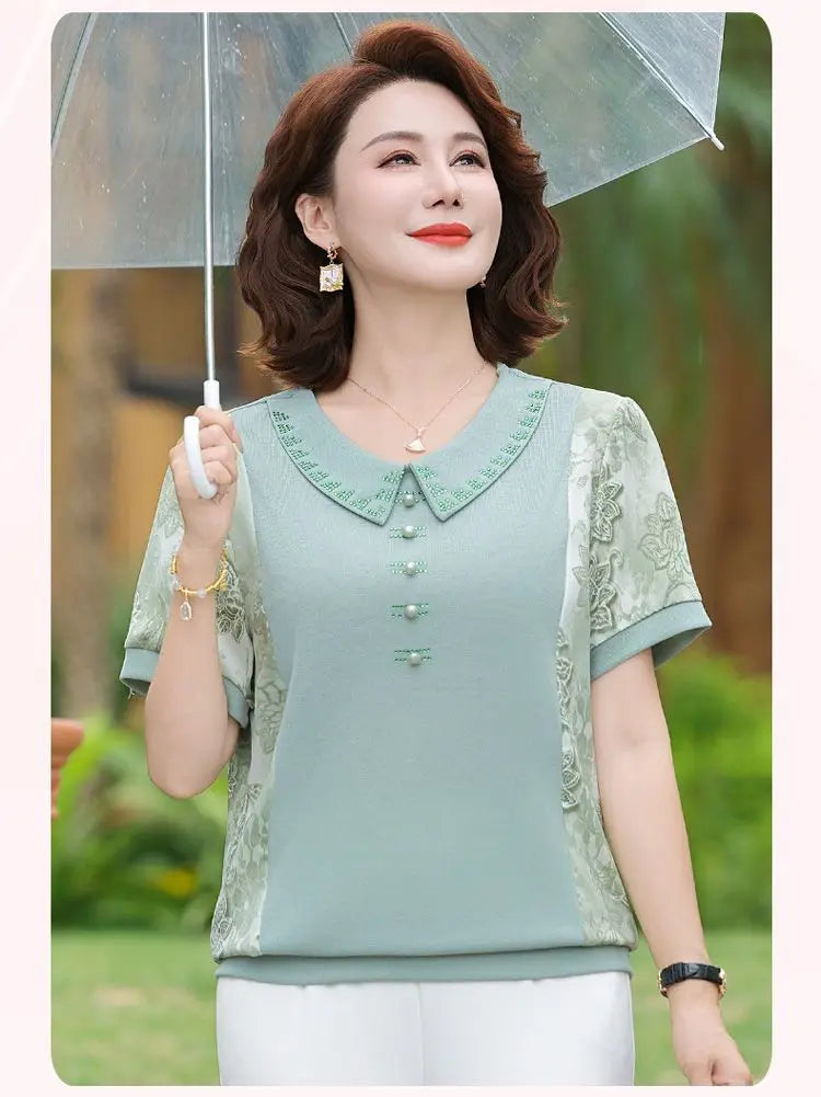 Round Neck Button Printed Casual T-Shirt Women