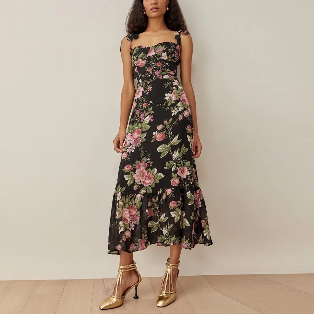 Elegant Vintage Floral Ruffle Hem Summer Dress