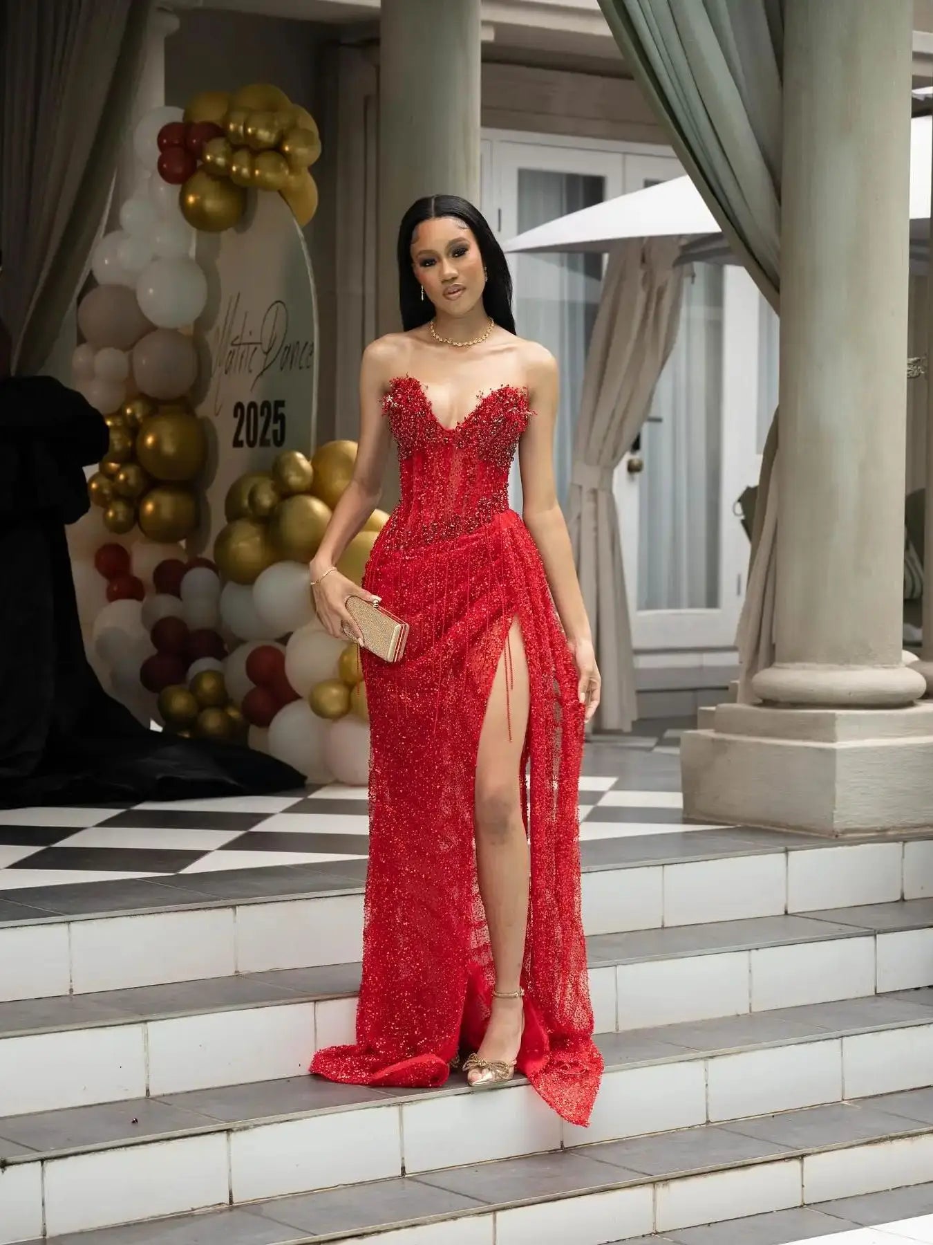 Red Beading V-Neck Side Slit Prom Dress