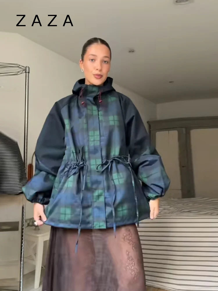 Vintage Grid Loose Stand Collar Jacket Women