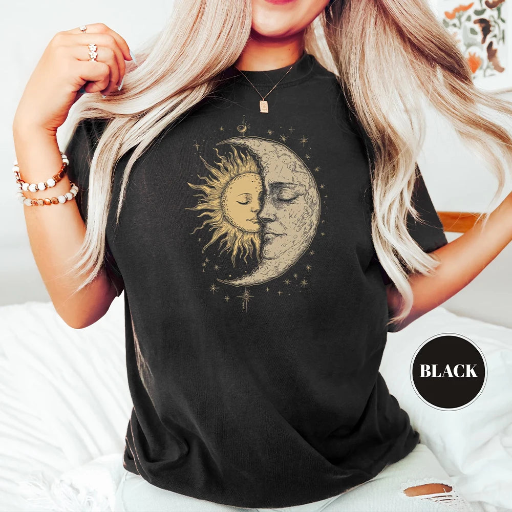 Sun Moon Face Vintage Bohemian T-Shirt Unisex