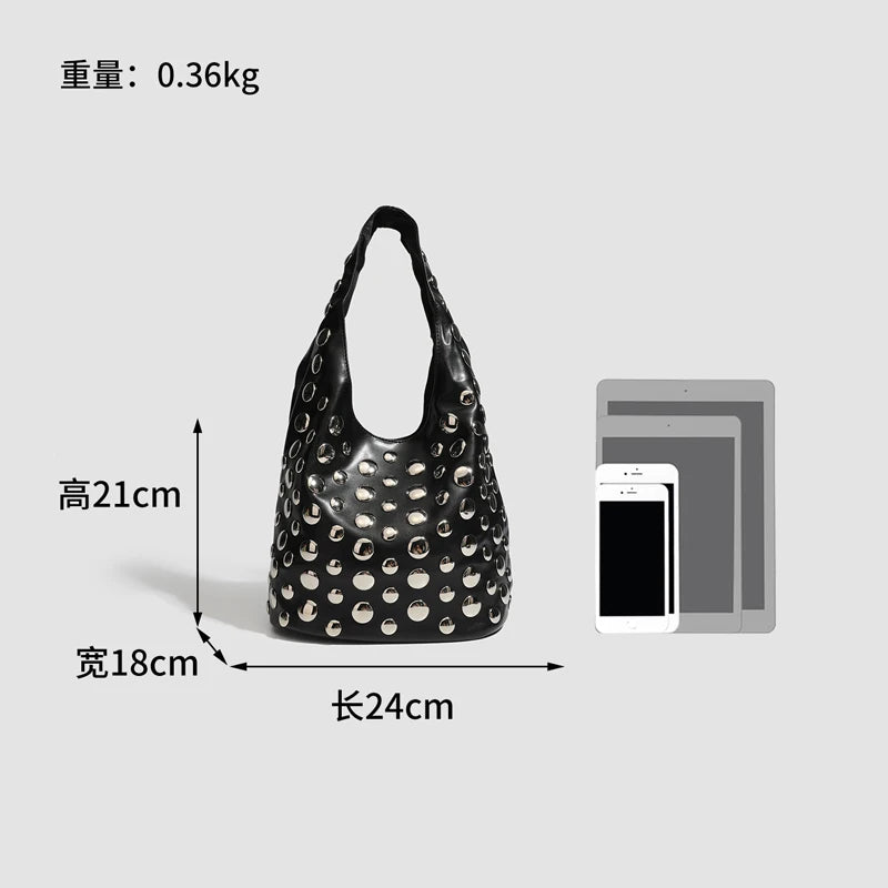 Rivet Detail Luxury Leather Bucket Bag