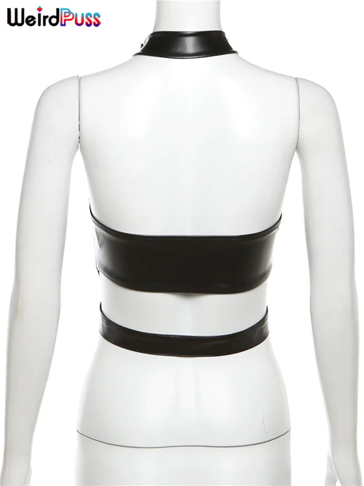 PU Backless Halter Neck Tank Top Women