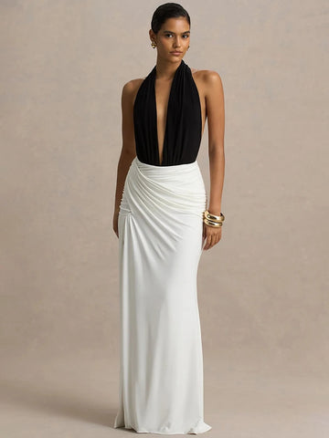 Halter Backless Ruched Maxi Dress Women