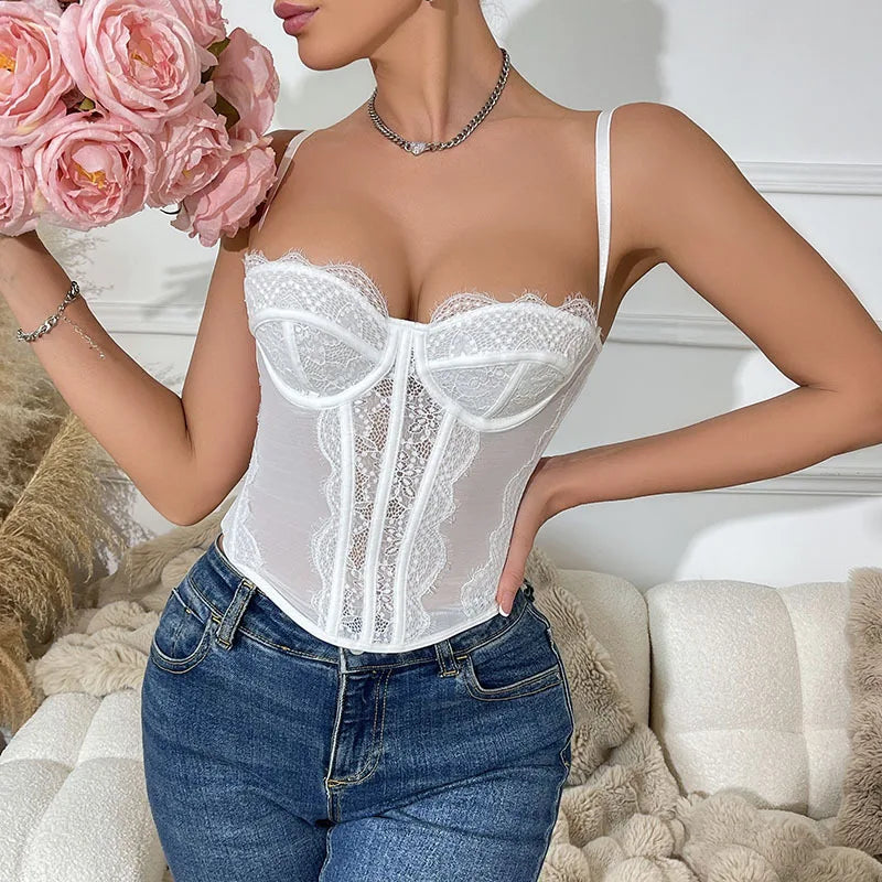 Lace Bustier Spaghetti Strap See-Through Camisole Women