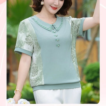 Round Neck Button Printed Casual T-Shirt Women