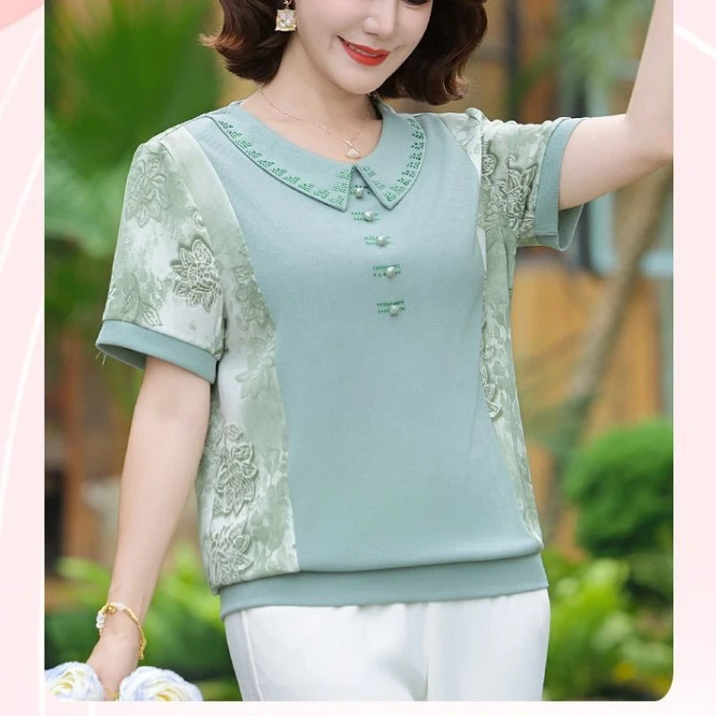 Round Neck Button Printed Casual T-Shirt Women