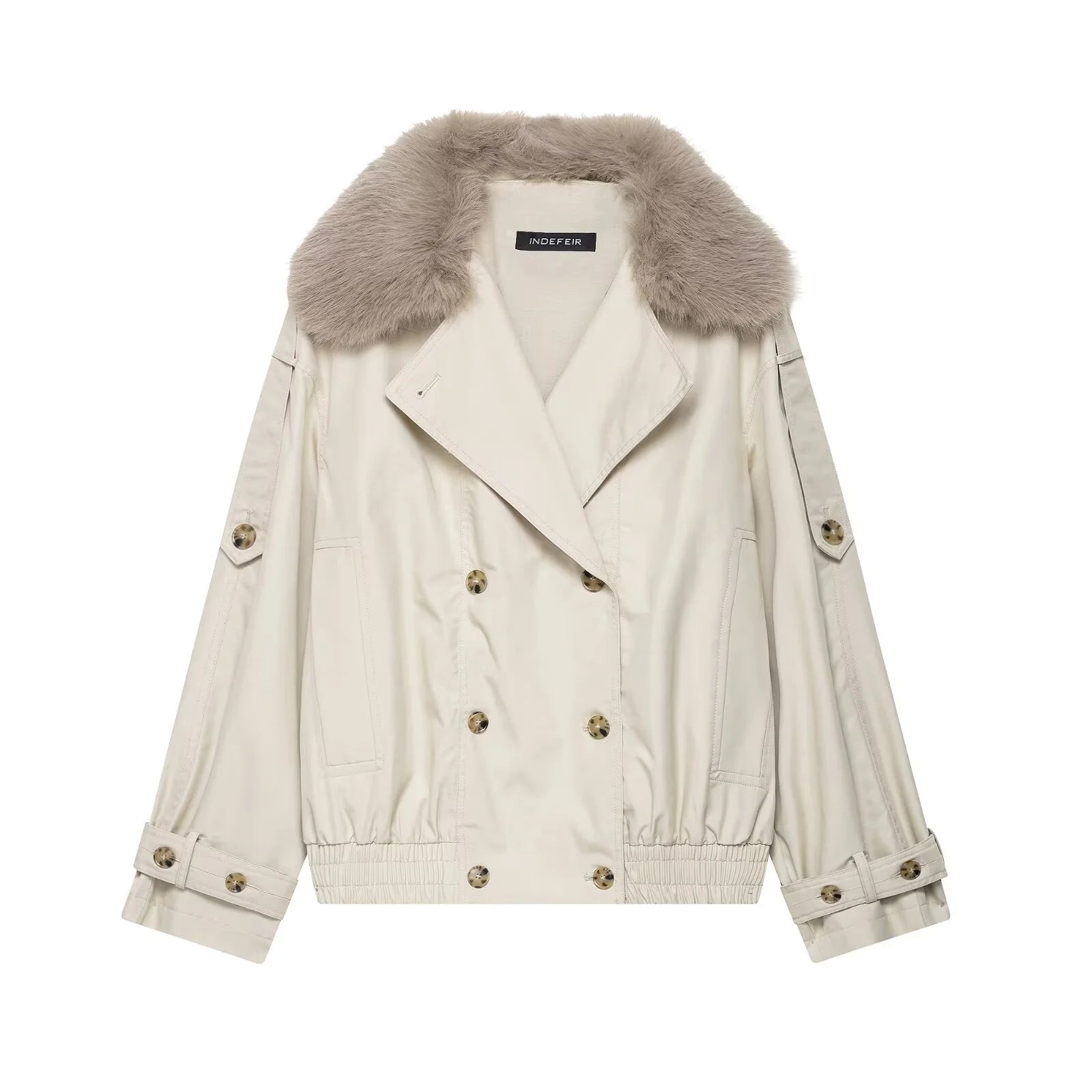 Double-Breasted Cropped Trench Coat Faux Fur