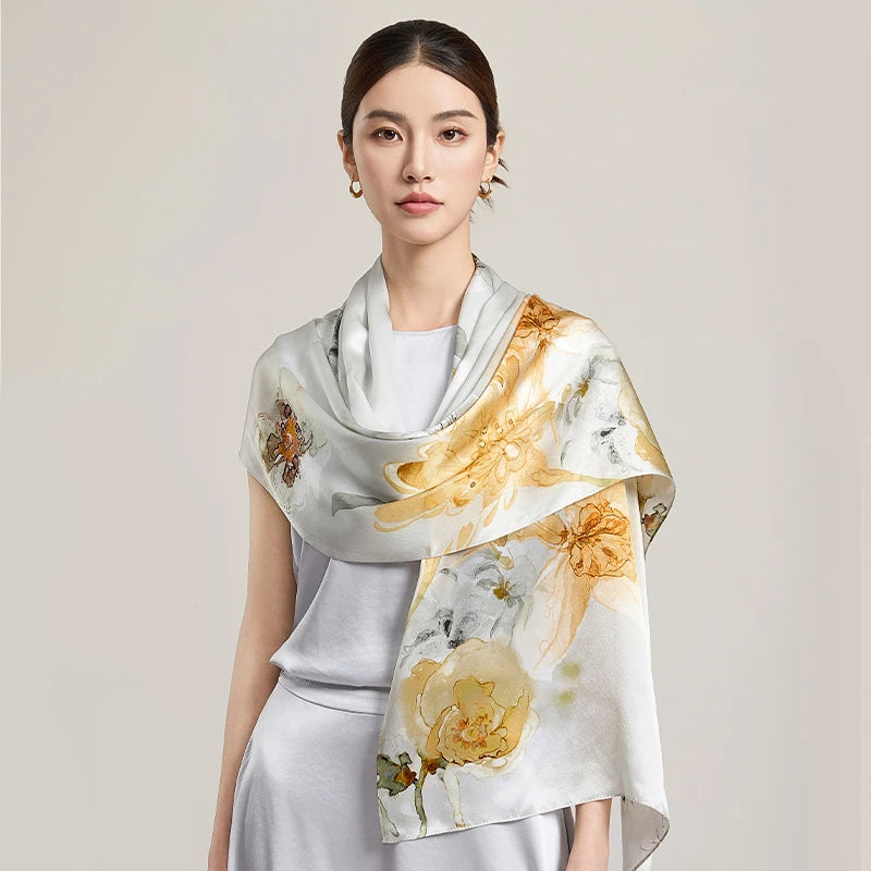 Women’s Long Floral 100% Silk Print Scarf
