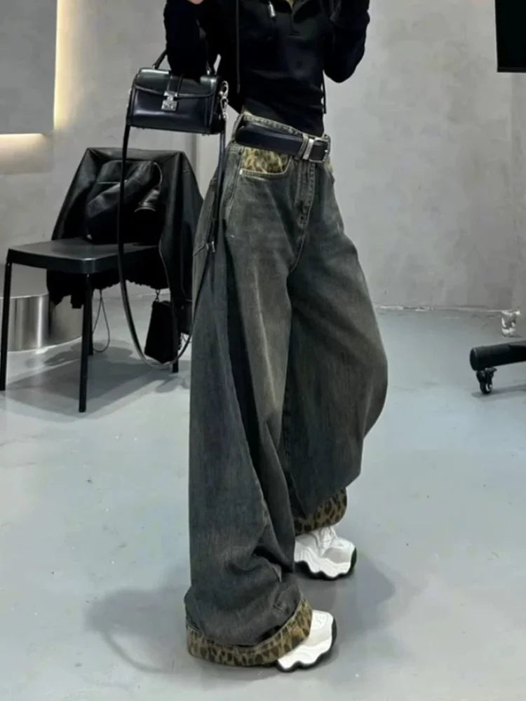 Y2K Leopard Patchwork Baggy Jeans Women